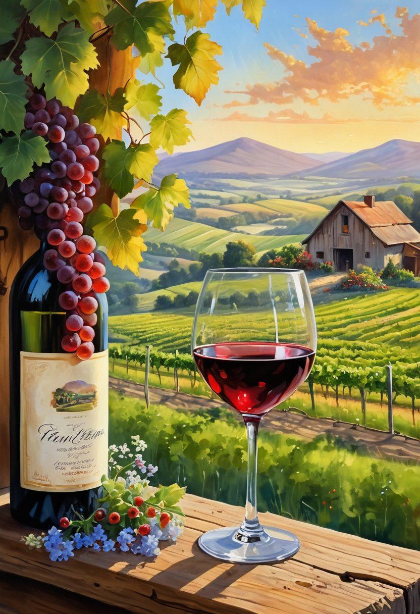A picturesque vineyard basking in golden sunlight, with ripe grapes hanging from lush green vines. In the foreground, a beautifully crafted wine glass half-filled with deep red wine captures the light, surrounded by tiny wildflowers. The background features rolling hills and a small rustic winery, inviting viewers to explore the serenity and joy of wine adventures. Painting. vibrant colors.