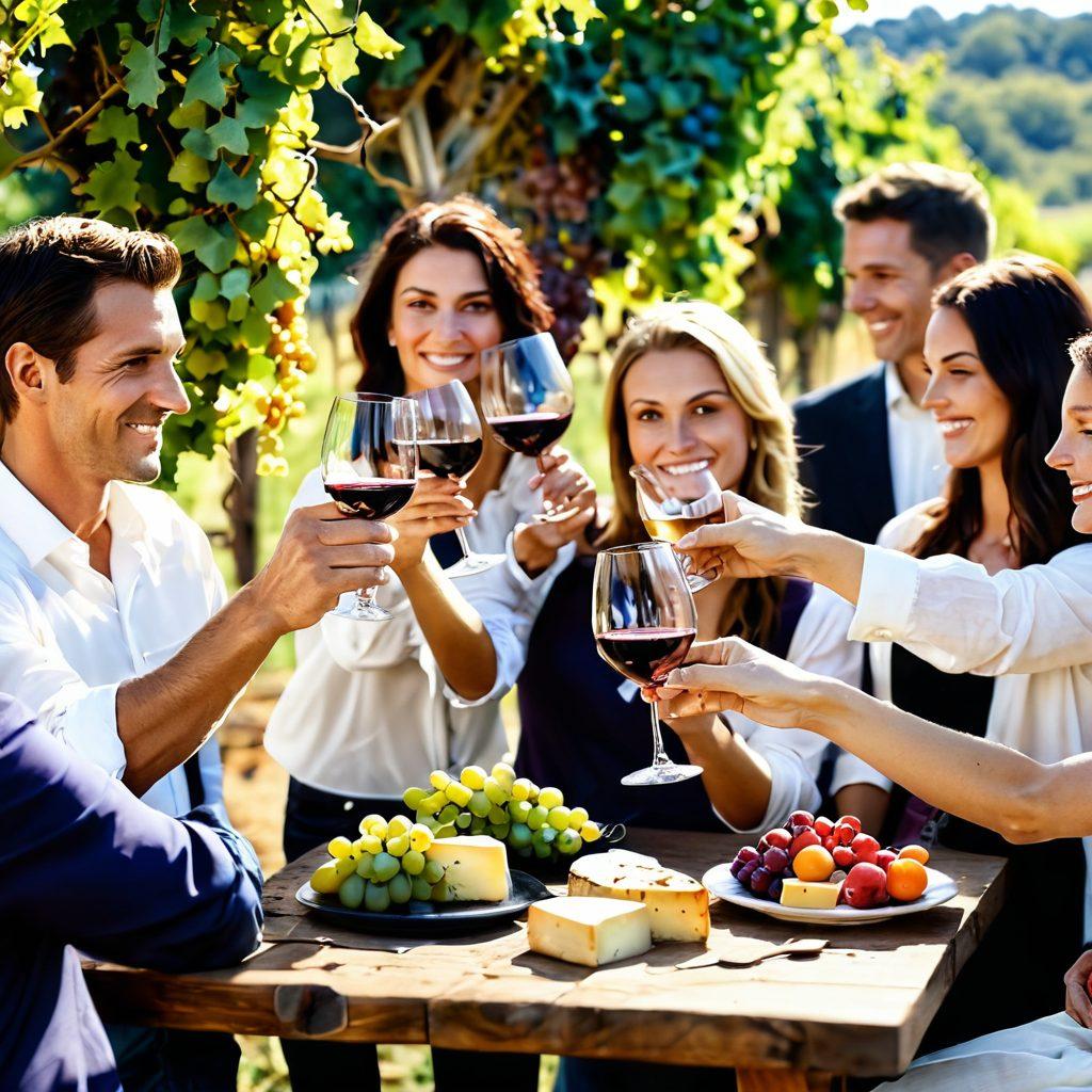 An elegant wine tasting scene set in a sunlit vineyard, featuring a diverse group of people joyfully clinking glasses filled with red and white wines. Vibrant grapevines hang in the background adorned with ripe grapes, and a rustic wooden table displays an array of gourmet cheeses and fruits. The atmosphere radiates happiness and camaraderie, capturing the essence of indulgence and discovery in wine. painterly style. vibrant colors. soft focus.